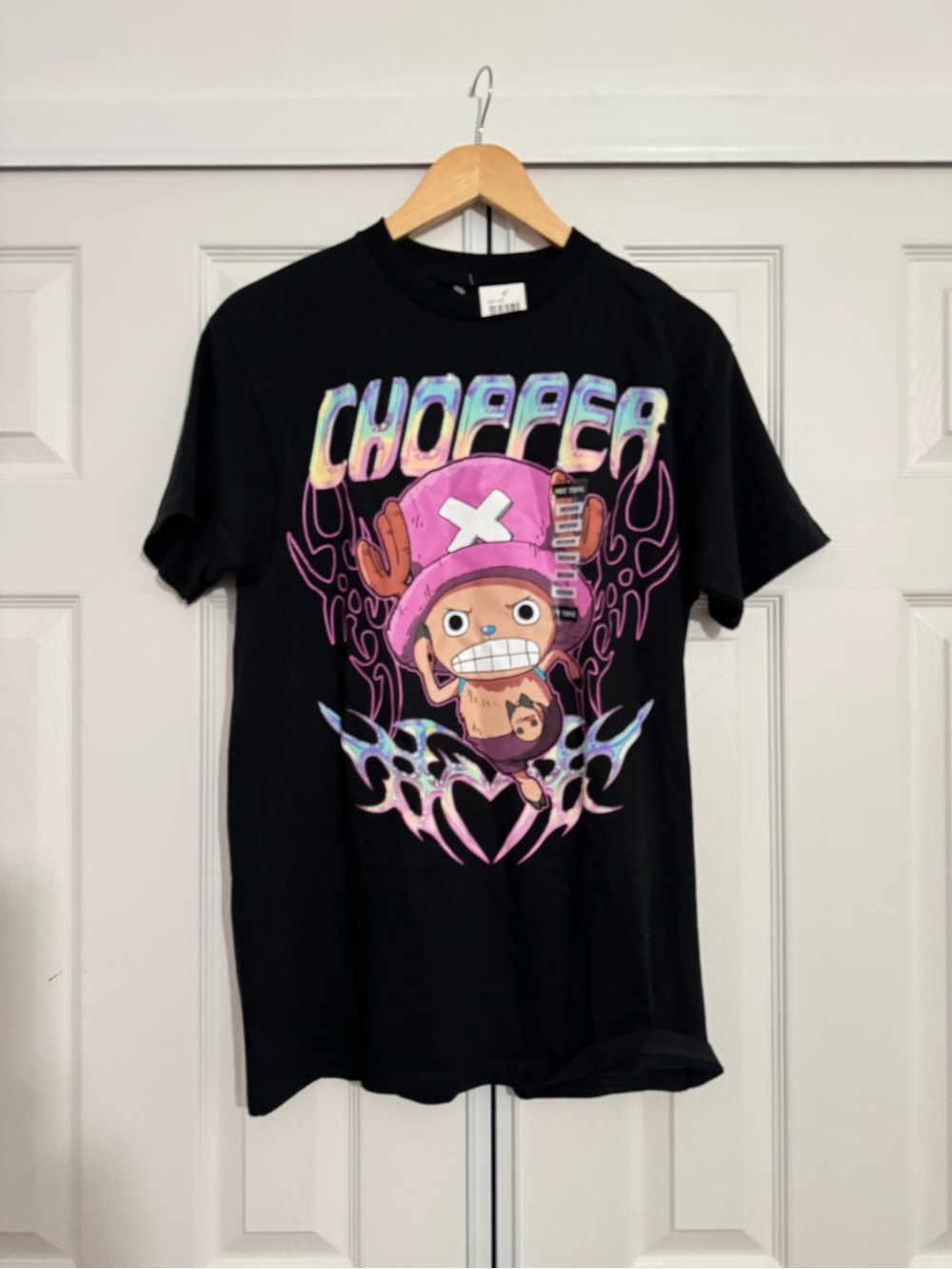 Hot Topic Black Graphic Tee with Pink and Purple Chopper Design